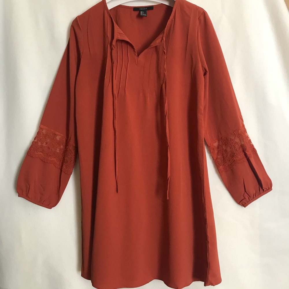 Burnt Orange Long Sleeve Dress with Lace Detail- S